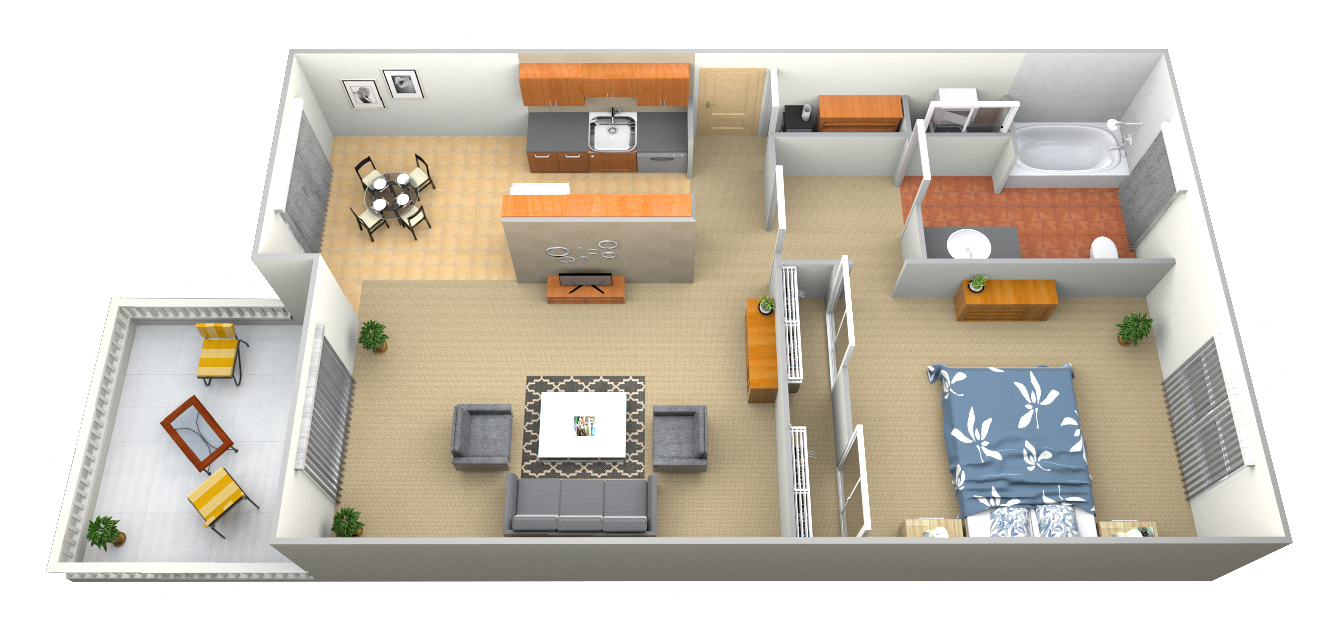 Floor plan for 1 bed, 1 bath, 735 sqft